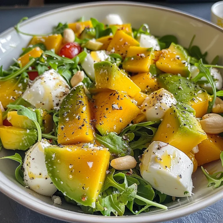 Frische Fusion: Mango und Avocado im Handumdrehen Nahaufnahme eines erfrischenden Mango-Avocado-Salats mit Cashewkernen.
