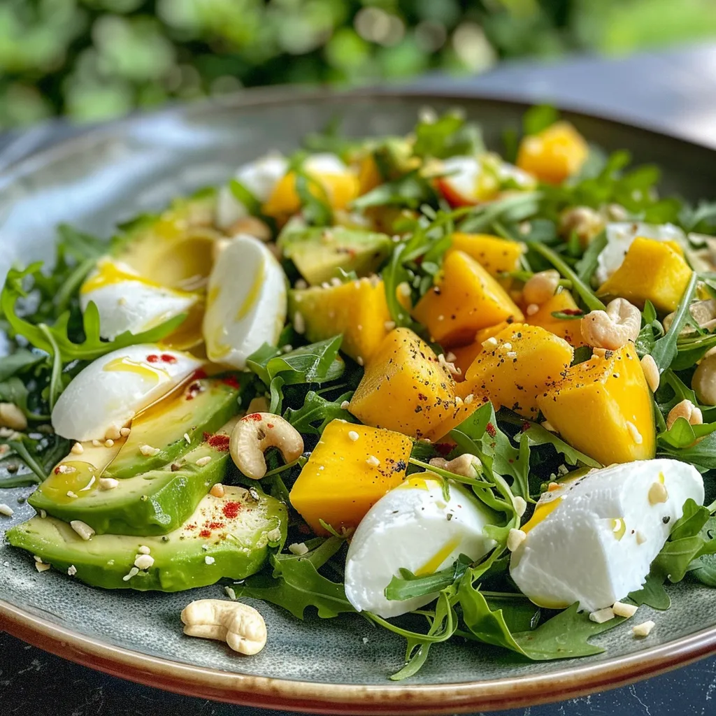 Seitenansicht eines bunten Salats mit Mango, Avocado und Mozzarella.