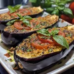 Nahaufnahme einer gerösteten Aubergine mit Gewürzen und Basilikum.
