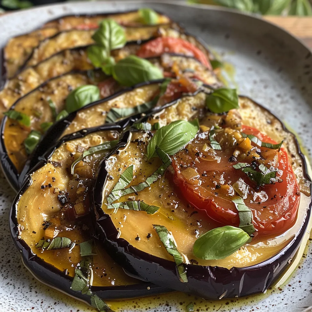 Seiteansicht einer saftigen Mediterranen gerösteten Aubergine auf einem Teller.