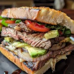 Nahaufnahme eines saftigen Steak-Sandwiches mit frischem Gemüse.