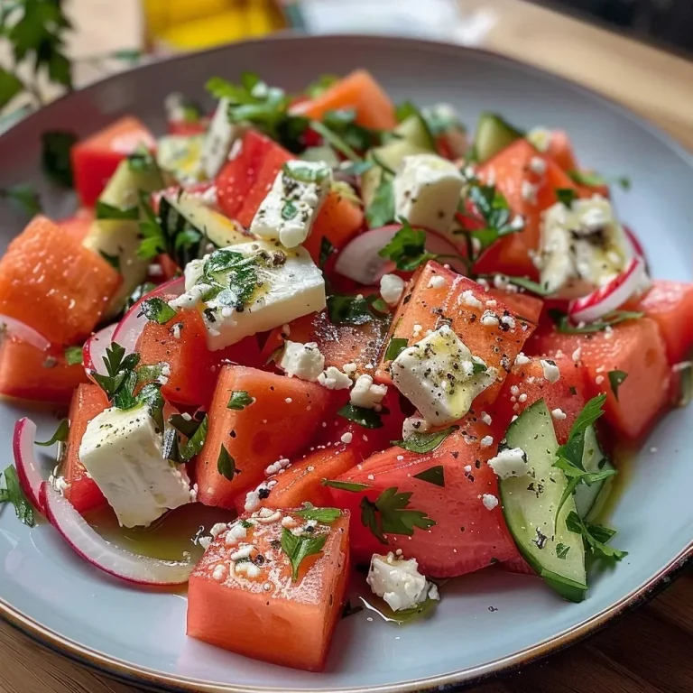 Nahaufnahme eines Melonen-Feta-Salats mit Wassermelonenwürfeln und Feta-Käse.