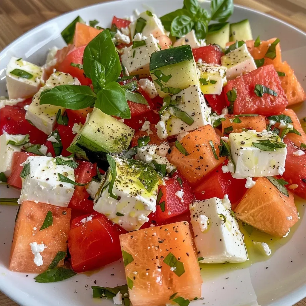 Seitenansicht eines bunten Melonen-Feta-Salats auf einem Tellerrand.