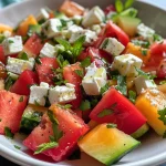 Nahaufnahme eines Melonen Gurken Salats mit Feta, frisch angerichtet.