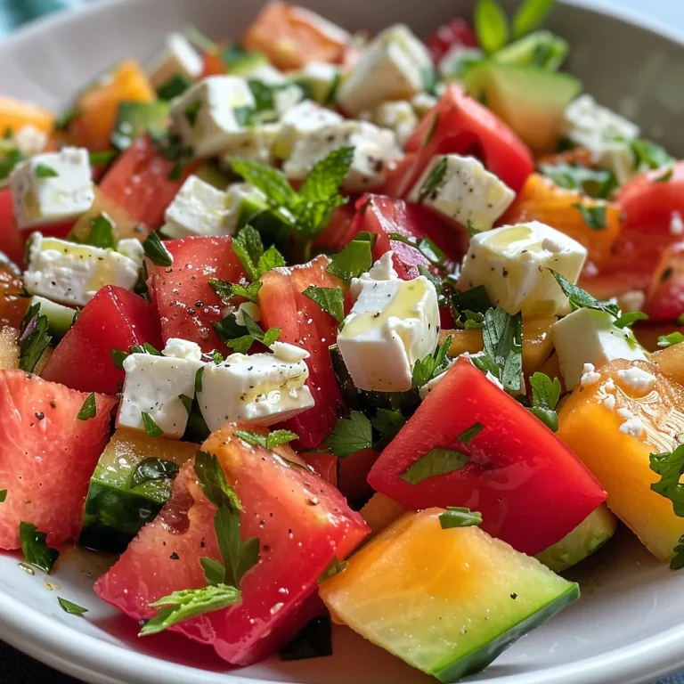 Nahaufnahme eines Melonen Gurken Salats mit Feta, frisch angerichtet.