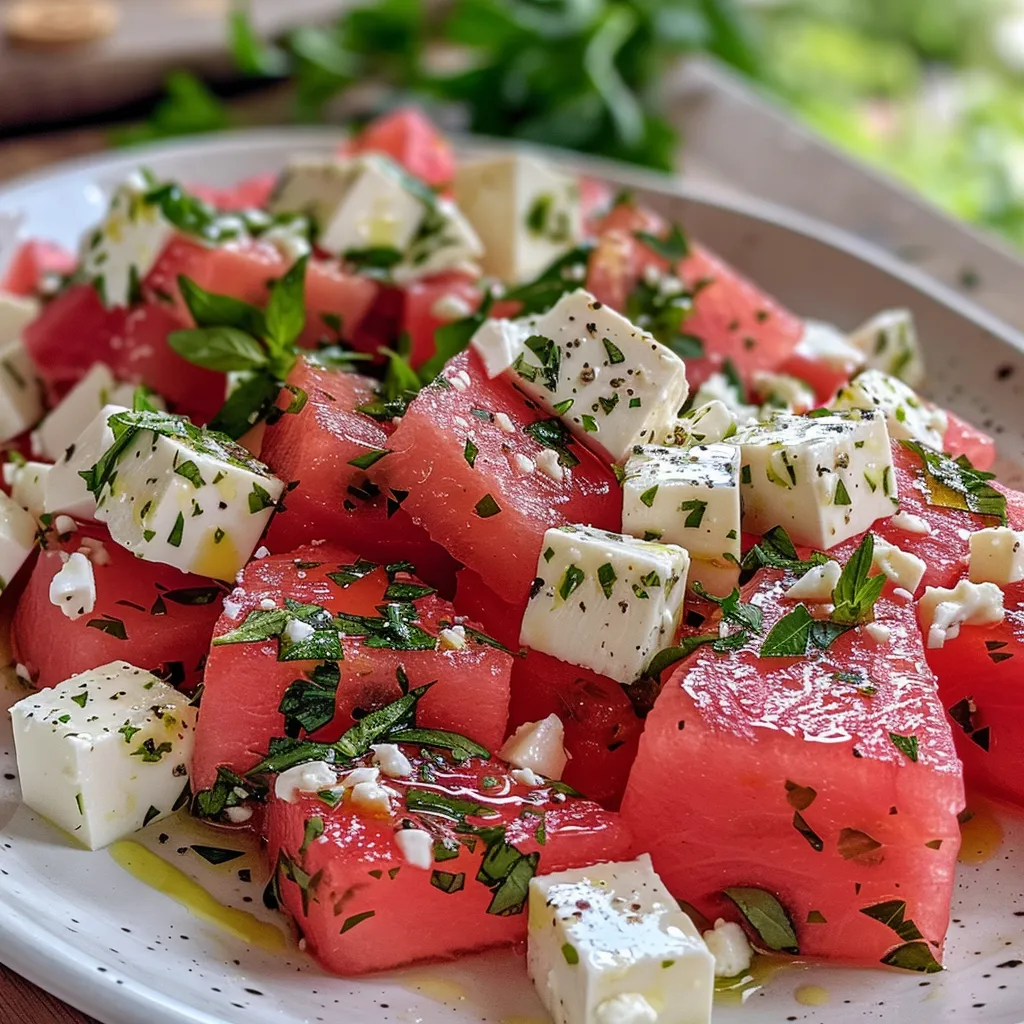 Seitenansicht eines bunten Salats mit Wassermelone, Gurke und Feta.