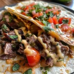Nahaufnahme eines saftigen Nacho Käse Rindfleisch Wrap mit frischen Toppings.