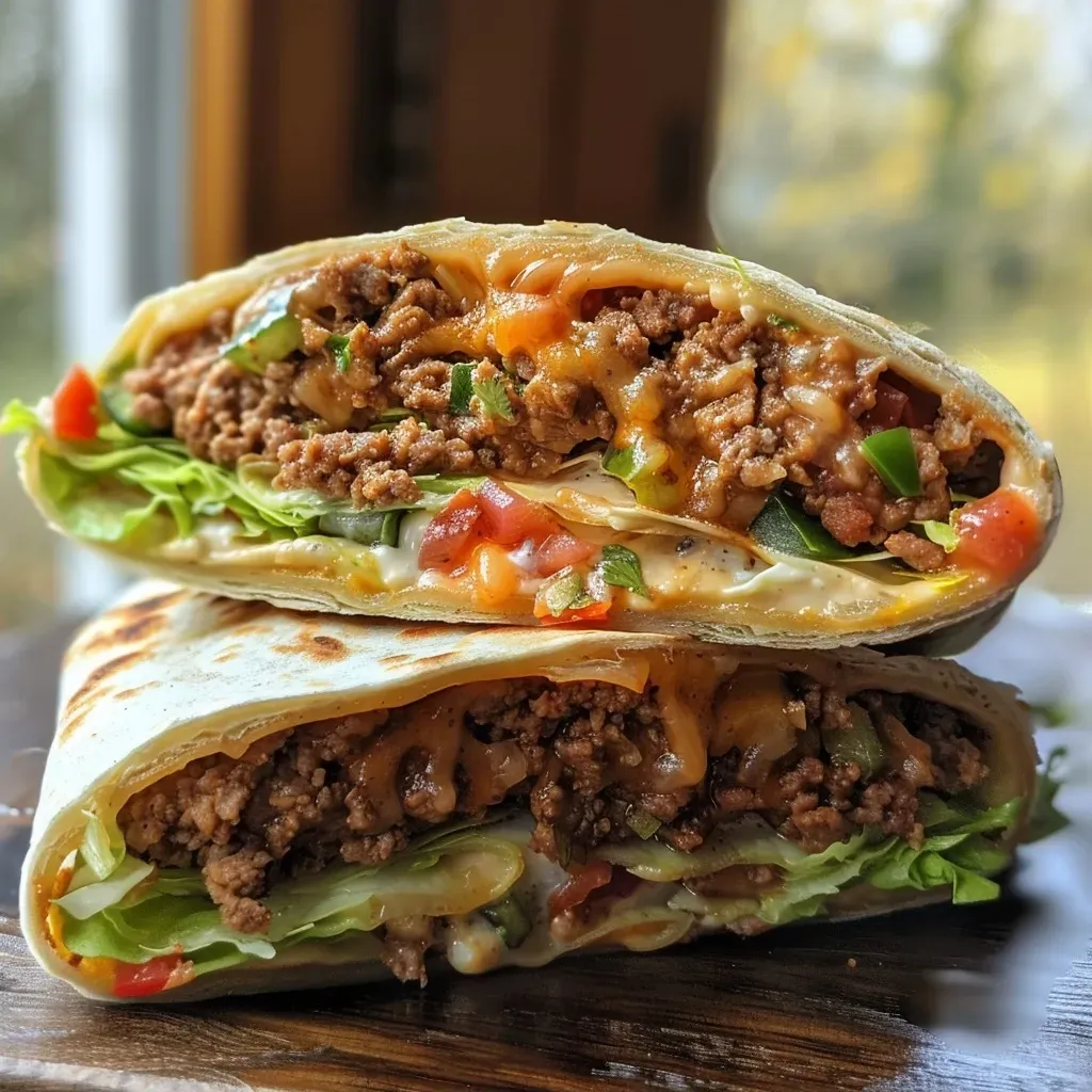 Seiteansicht eines köstlichen Wraps gefüllt mit Rinderhackfleisch und Nacho Käse.