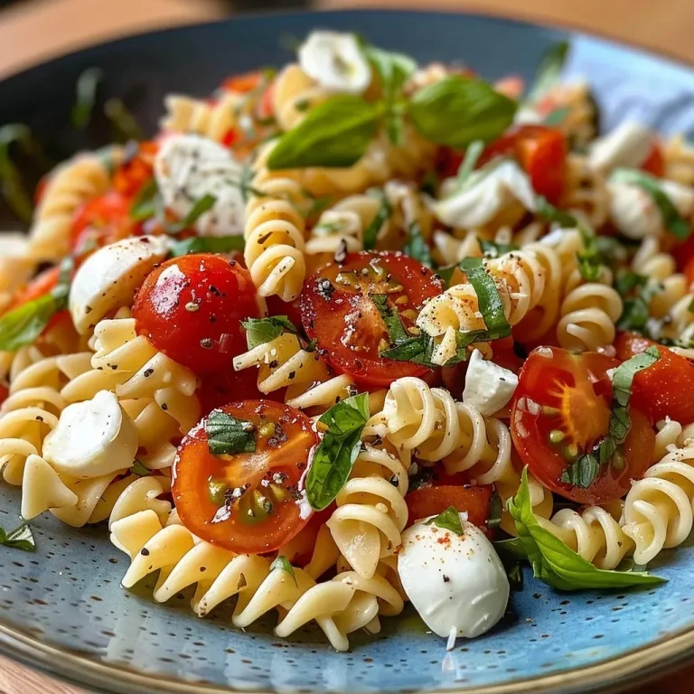 Nahaufnahme eines Nudelsalats mit Mozzarella und Tomaten in einer Schüssel.