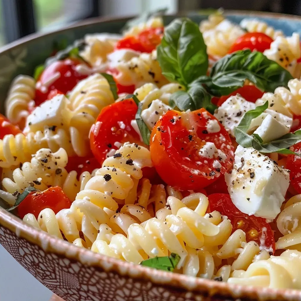 Appetitlicher Nudelsalat mit frischen Tomaten und Mozzarella, serviert in einer modernen Schüssel.