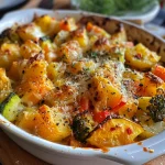 Nahaufnahme von buntem Ofengemüse mit cremigem Kräuterdip.