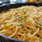 Nahaufnahme einer Portion One Pot Knoblauch Käse Pasta mit Kräutern.