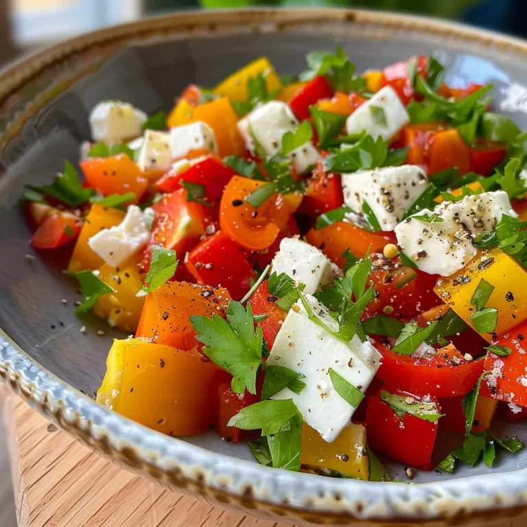 Nahaufnahme eines Paprika-Mais-Salats mit Feta und Joghurt.