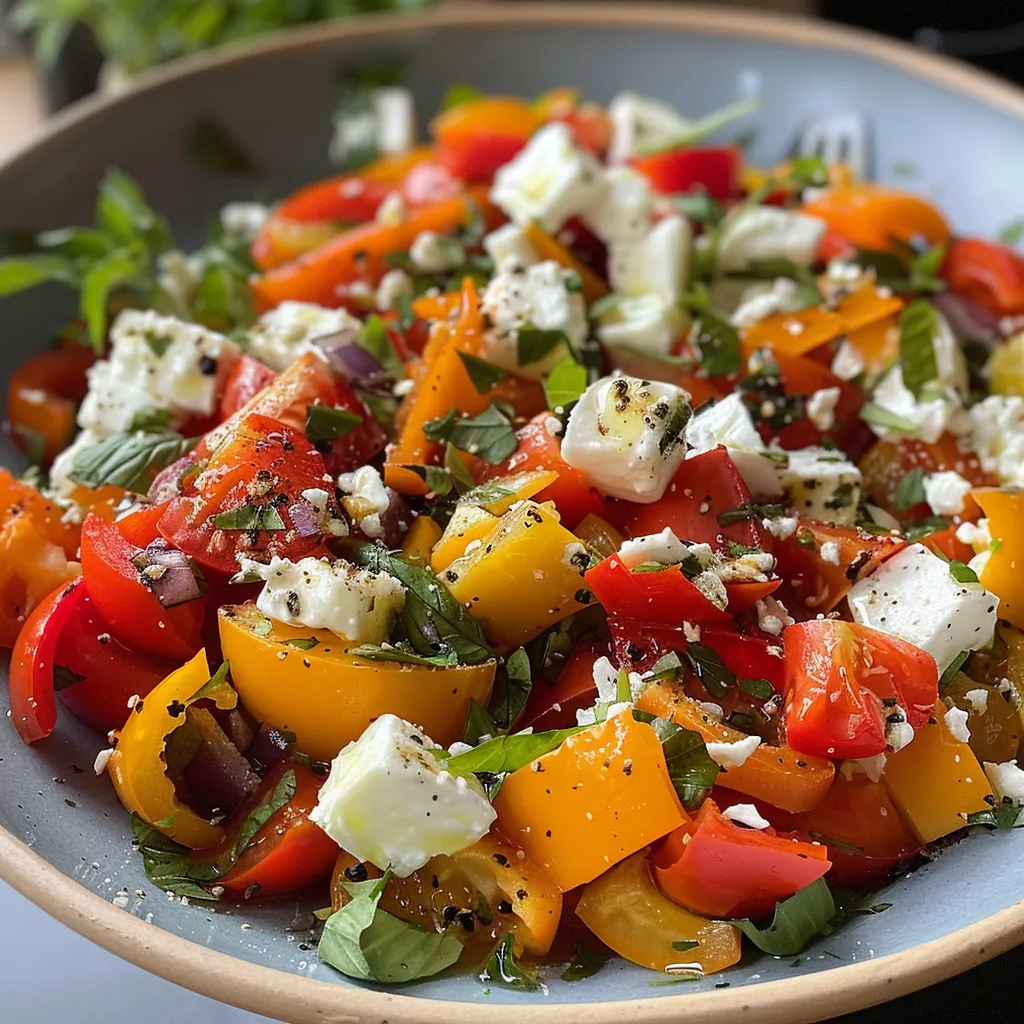 Seitenansicht eines bunten Salats mit roten Paprika und Feta.