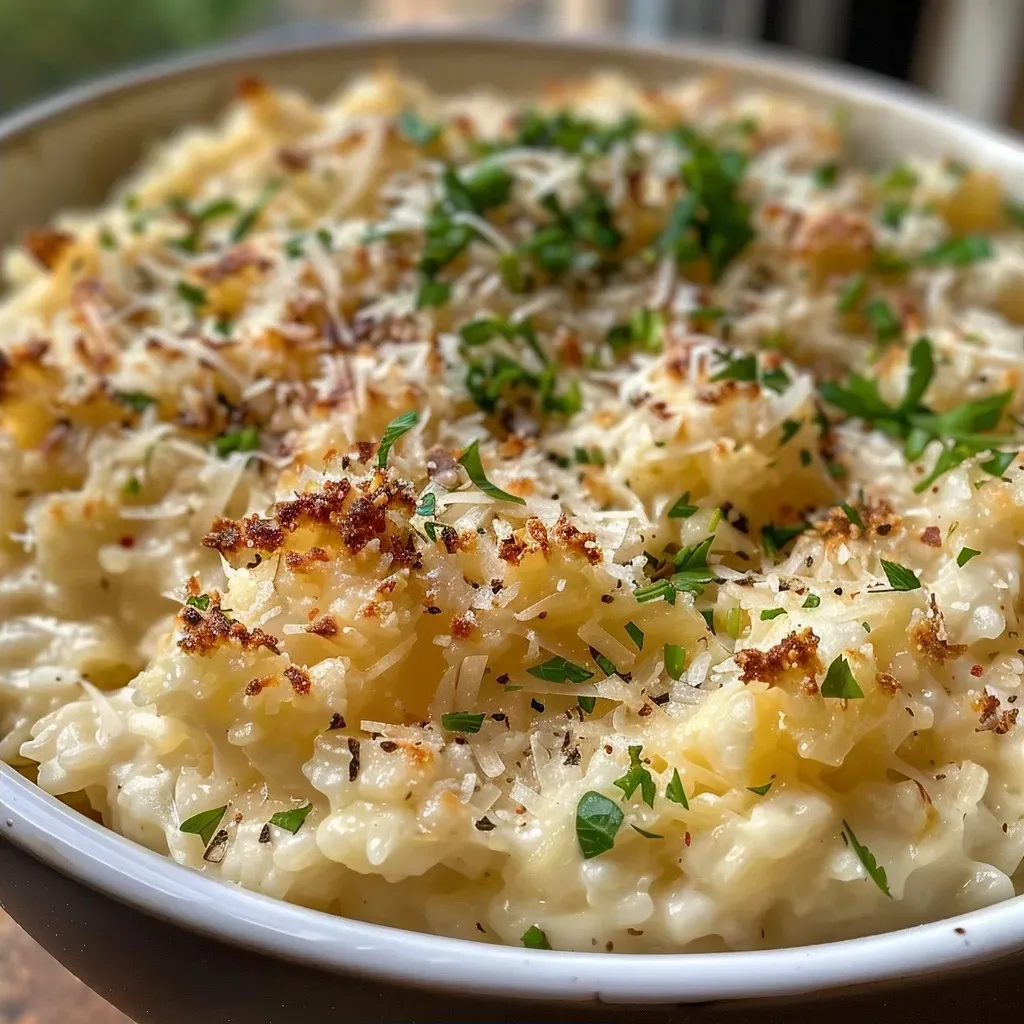Blick von der Seite auf eine Portion Parmesan-Knoblauch-Reis mit frischen Kräutern.