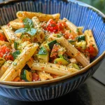 Nahaufnahme eines Pasta-Bowls mit buntem Gemüse.