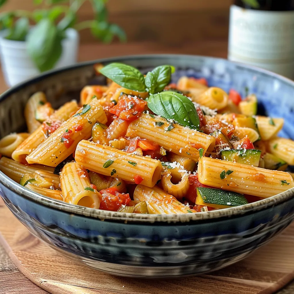 Seiteansicht eines vollen Pasta-Bowls mit frischen Zutaten.