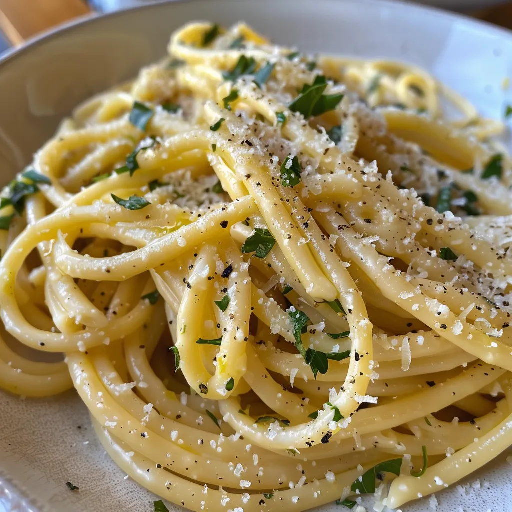 Seitenansicht von cremiger Pasta in einer hellen Zitronen-Sahne-Sauce.