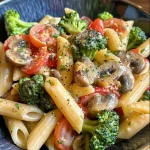 Nahaufnahme einer cremigen veganen Pasta mit Gemüse und frischen Zutaten.