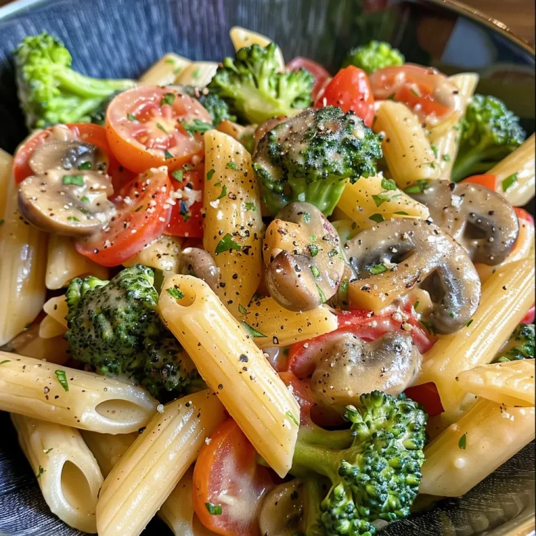 Nahaufnahme einer cremigen veganen Pasta mit Gemüse und frischen Zutaten.
