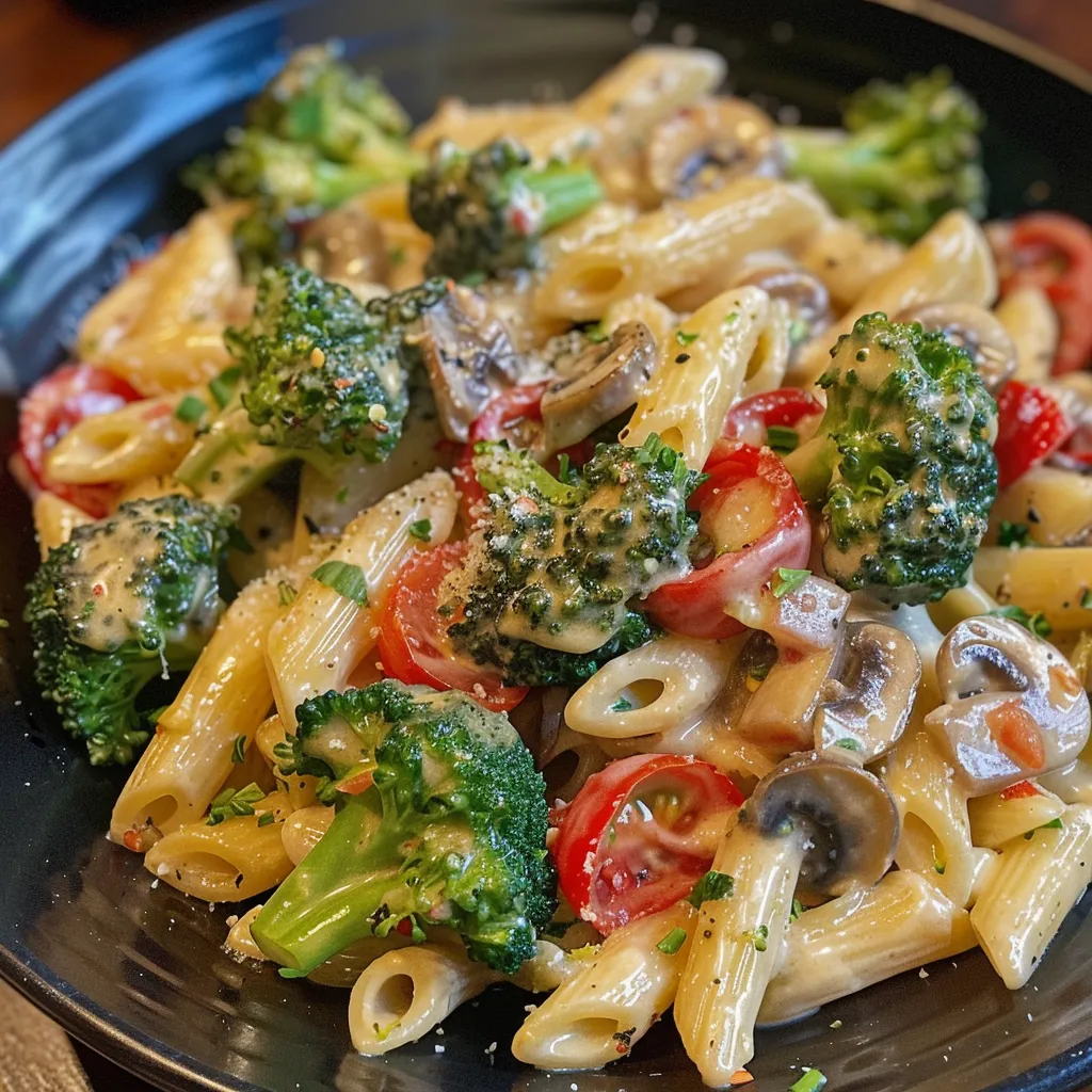 Blick auf eine Schüssel mit cremiger Pasta, garniert mit Brokkoli und Tomaten.