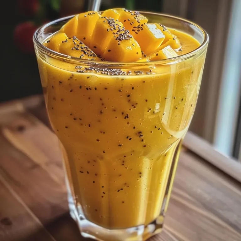 Ein Nahaufnahmebild eines Pfirsich-Mango-Protein-Smoothies in einem Glas.