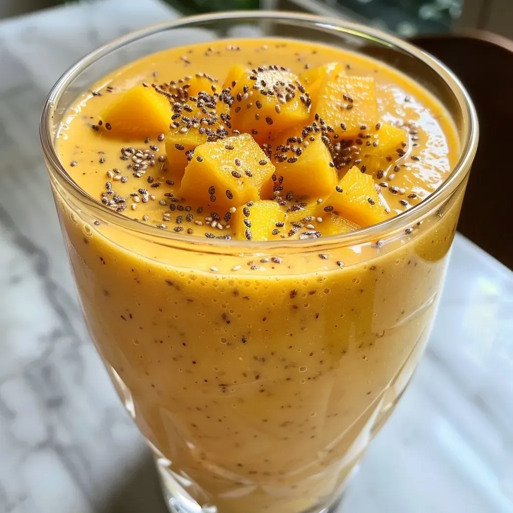 Pfirsich-Mango-Protein-Smoothie in einer modernen Glaspräsentation.