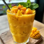 Nahaufnahme eines fruchtigen Pfirsich-Mango-Sommersmoothies in einem Glas.