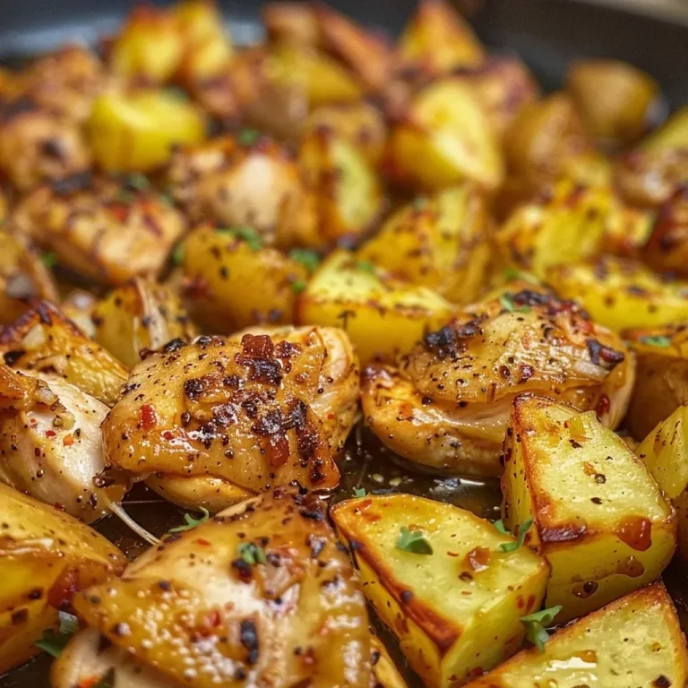 Nahaufnahme einer Pfanne mit BBQ-Hühnchen und Kartoffeln.