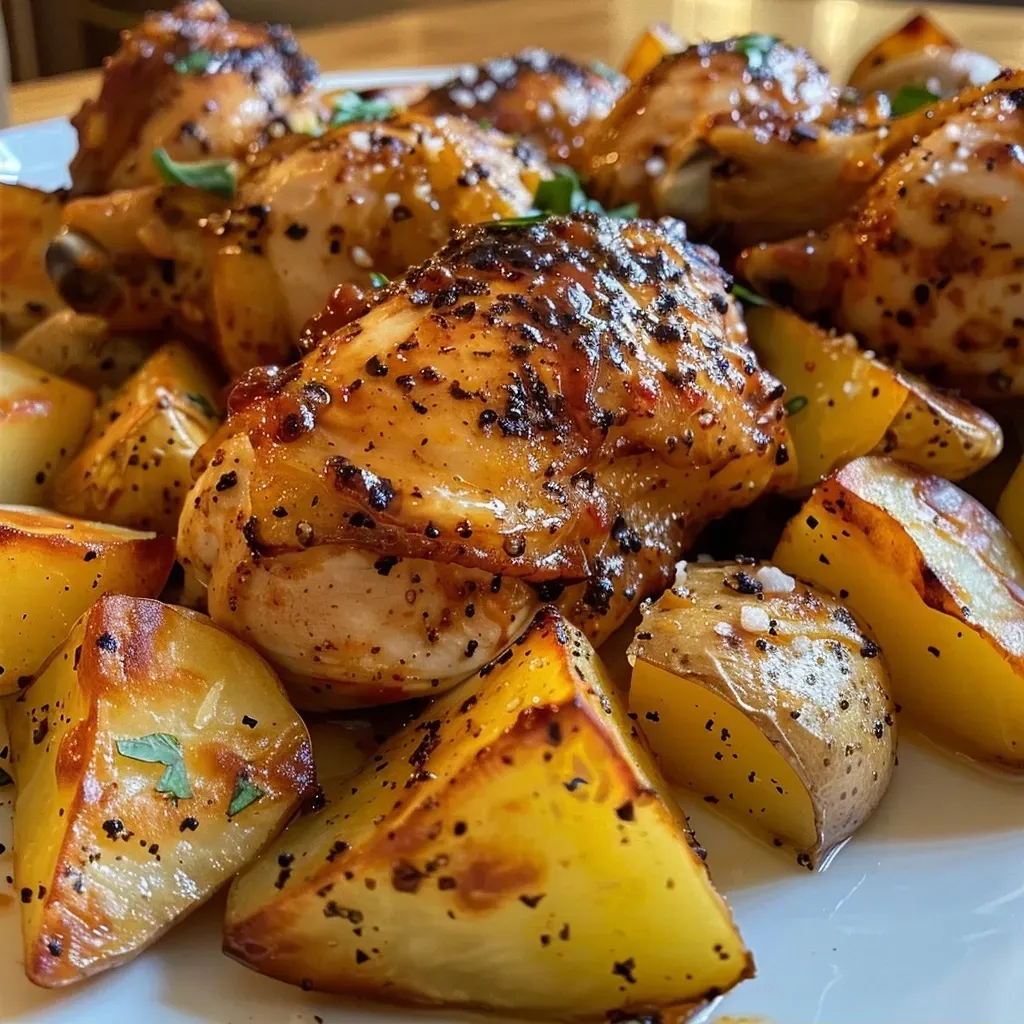 Seitenansicht eines herzhaften BBQ-Hühnchen- und Kartoffelgerichts.