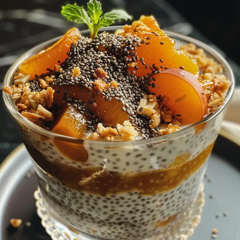 Nahaufnahme eines cremigen Chia-Puddings mit Pfirsichen und Aprikosen.
