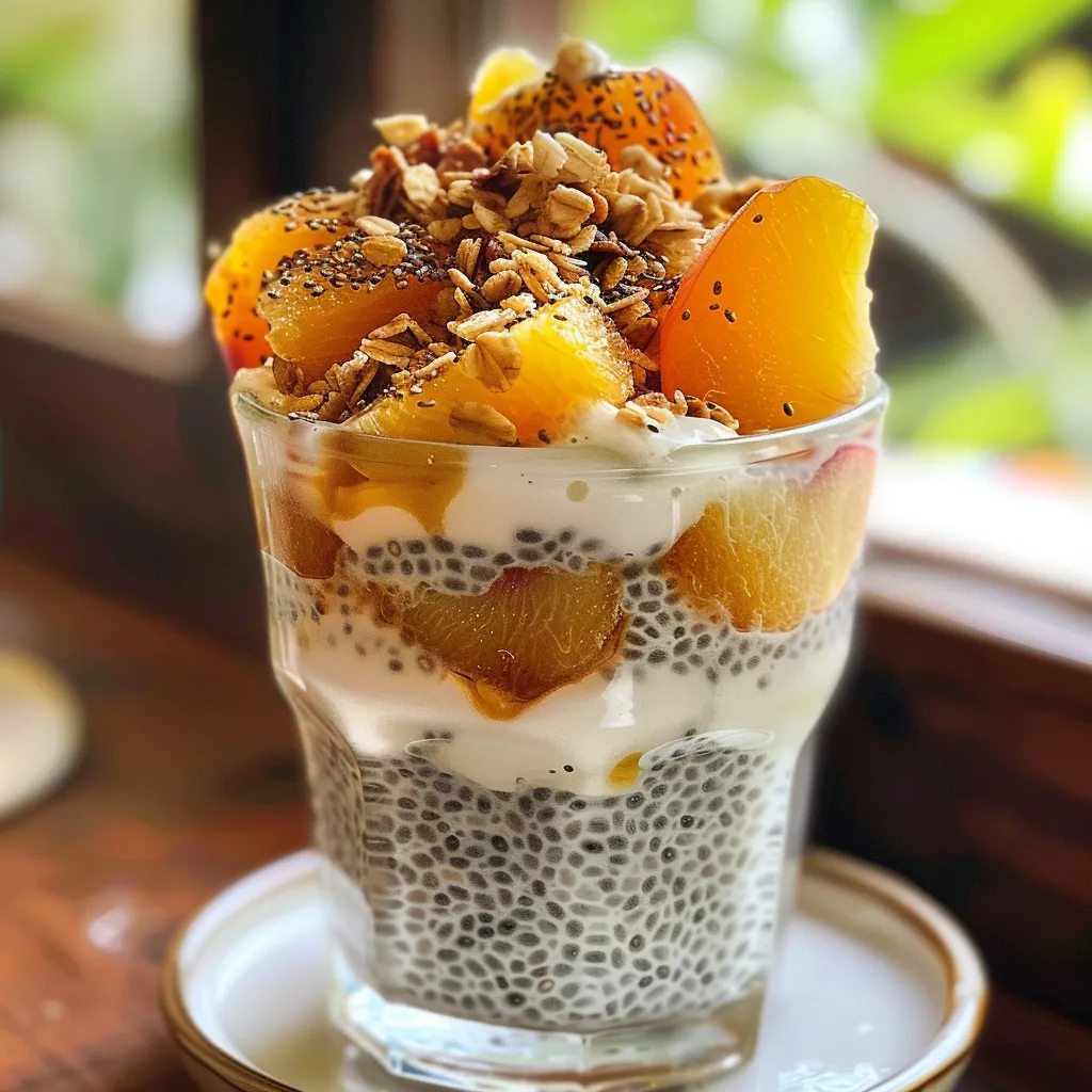 Seiteansicht eines bunten Chia-Puddings, dekoriert mit Obst und Granola.