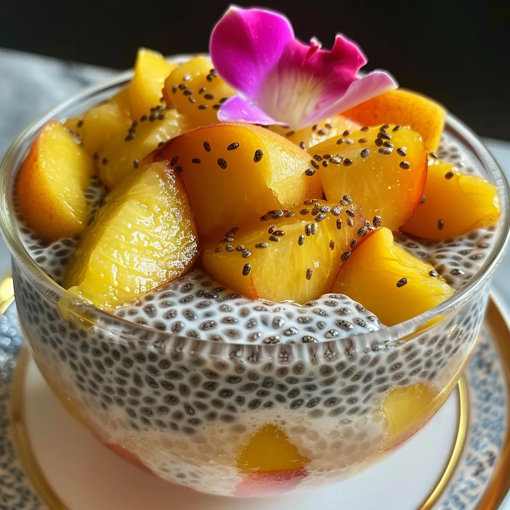 Seitenansicht von cremigem Chia-Pudding, verziert mit Pfirsichscheiben.