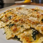 Nahaufnahme von cremigen, gebackenen Ravioli mit Spinat und Käse.