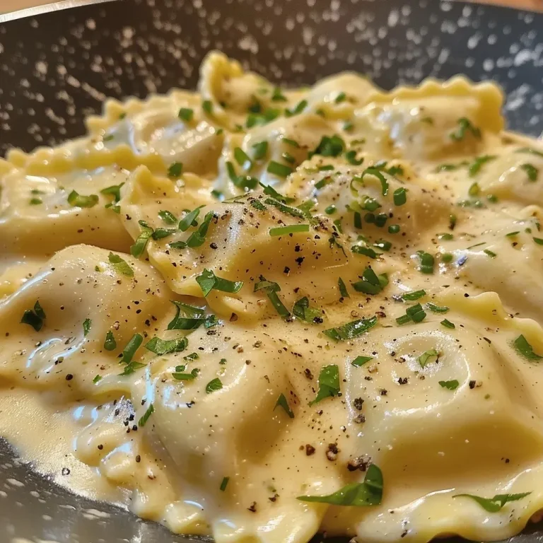Nahaufnahme von Ravioli Alfredo auf einem Teller, umgeben von frischen Kräutern.