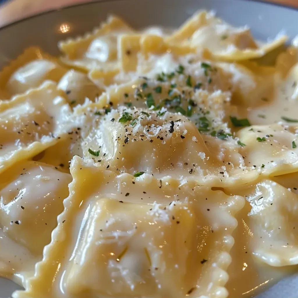 Seitenansicht eines Tellers Ravioli Alfredo mit frischen Kräutern.