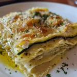 Nahaufnahme von Ravioli aus Zucchini gefüllt mit Hähnchen und Käse.