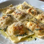 Nahaufnahme von saftigen Ravioli mit Ricotta und Salbei.