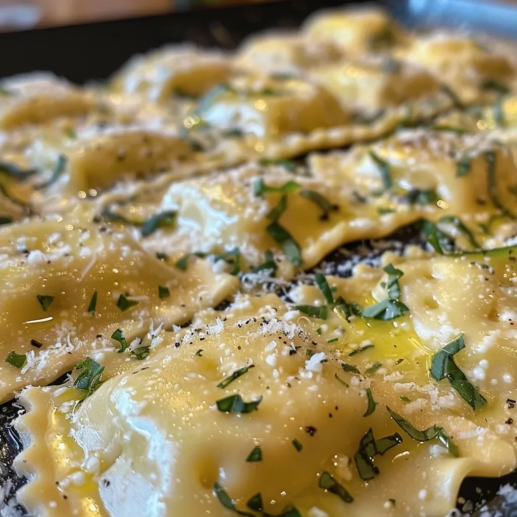 Nahaufnahme von Ravioli mit Zitronen-Ricotta-Füllung in Zitronenbutter.