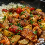 Nahaufnahme einer Reis-Gemüse-Pfanne mit veganem Frischkäse.