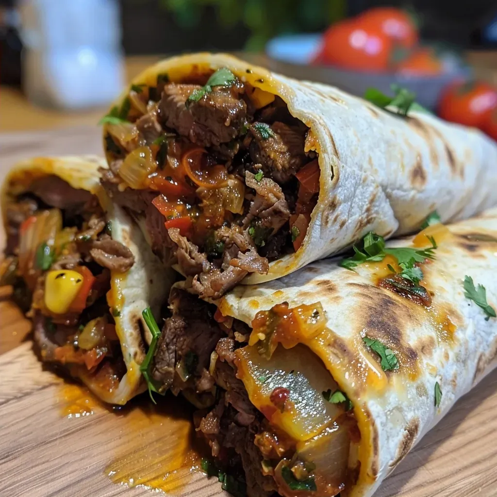 Seitenansicht eines leckeren Burritos mit Rinderhackfleisch, Gemüse und Käse.