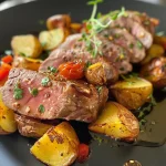 Nahaufnahme einer Rindfleisch-Gemüse-Pfanne mit buntem Gemüse.