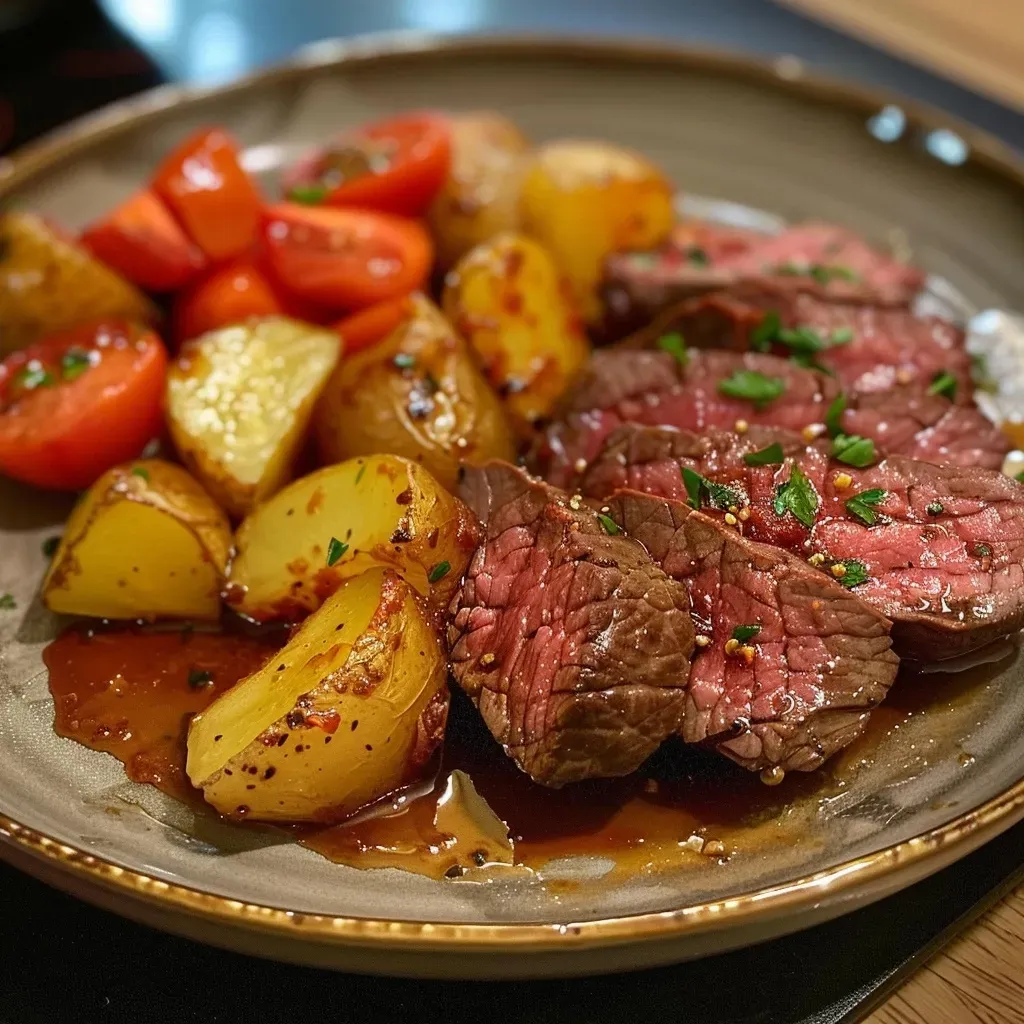 Saftige Rindfleischstücke mit Brokkoli, Paprika und Karotten in einer Pfanne.