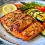 Nahaufnahme eines gegrillten Lachs-Pakets mit saisonalem Gemüse.