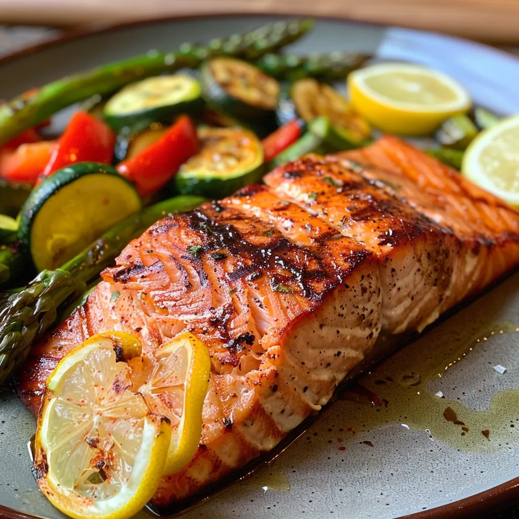 Seitenansicht von frischem Lachs und buntem Gemüse auf Alufolie.