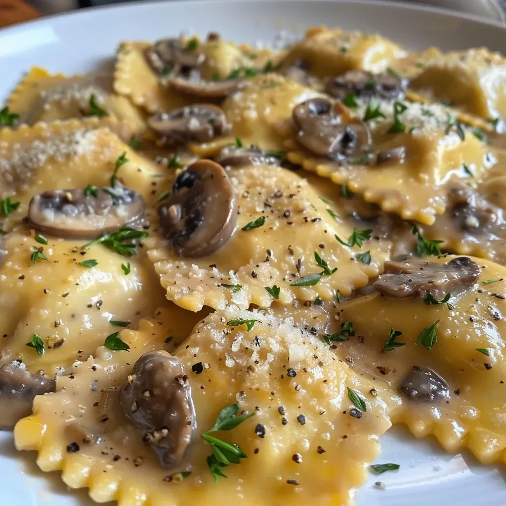 Sideview eines Tellers mit Ravioli in cremiger Pilzsauce, dekoriert mit frischen Kräutern.