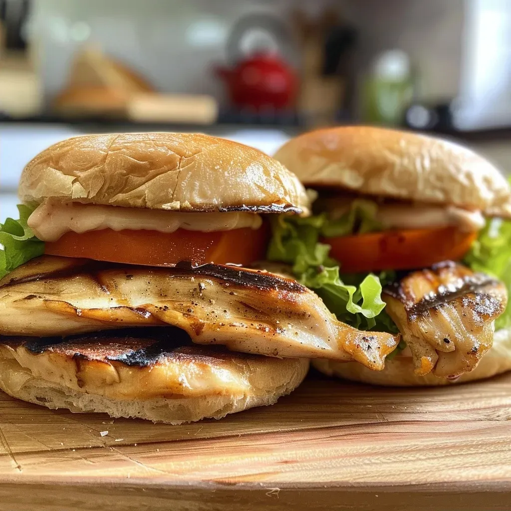 Detailaufnahme eines gegrillten Hühnchen-Sandwiches von der Seite.