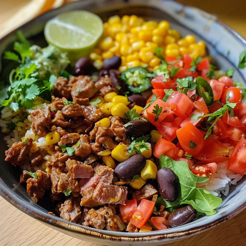 Nahaufnahme einer Burrito-Bowl mit gedünstetem Gemüse und Käse.