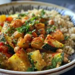 Schüssel mit geröstetem Gemüse, Kichererbsen und Tahini-Dressing, in Nahaufnahme.