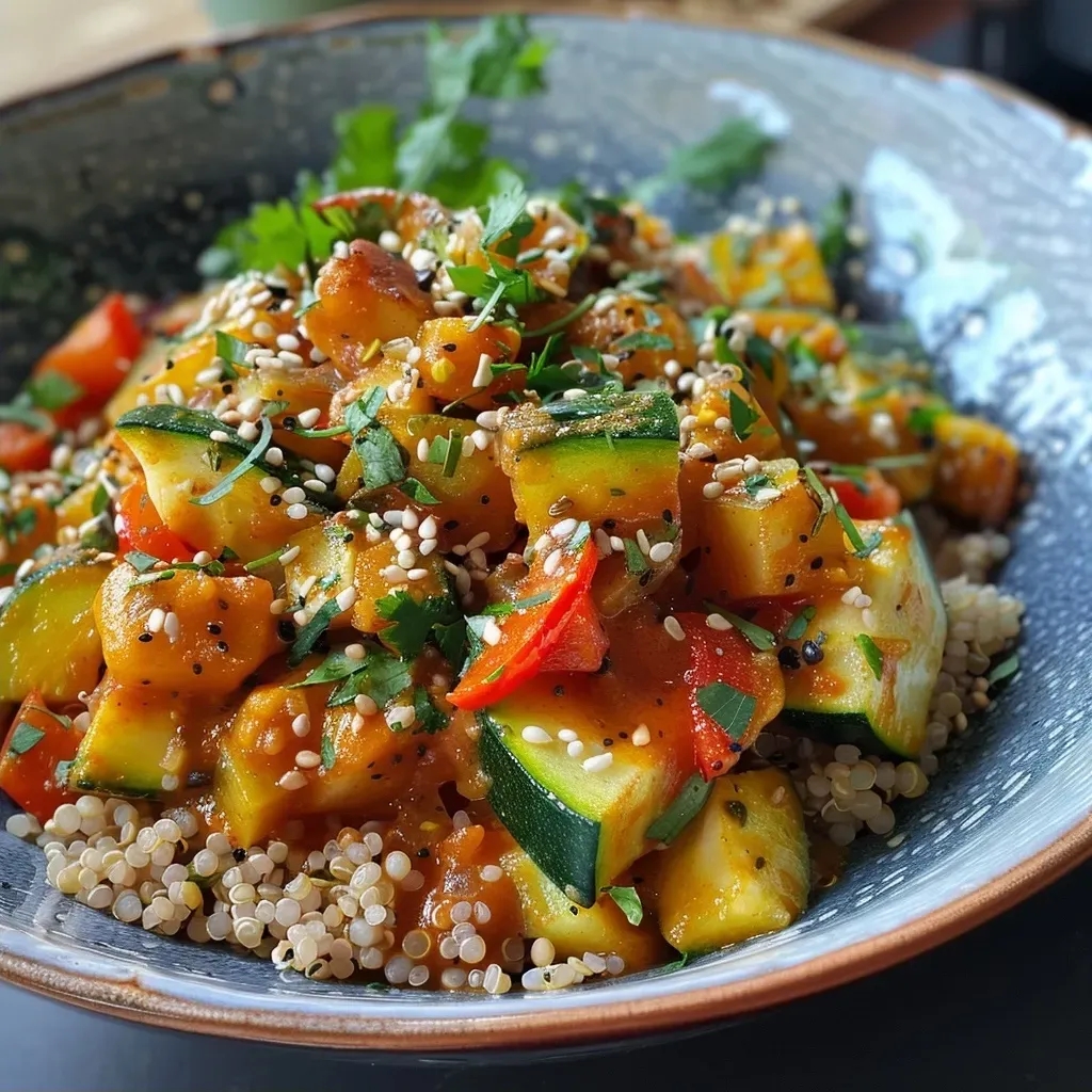 Bunte Mischung aus Zucchini, Paprika, Süßkartoffel und Kichererbsen in einer Schüssel.